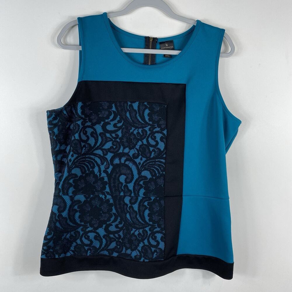 Worthington Top XL Teal Lace Sleeveless Peplum Blouse